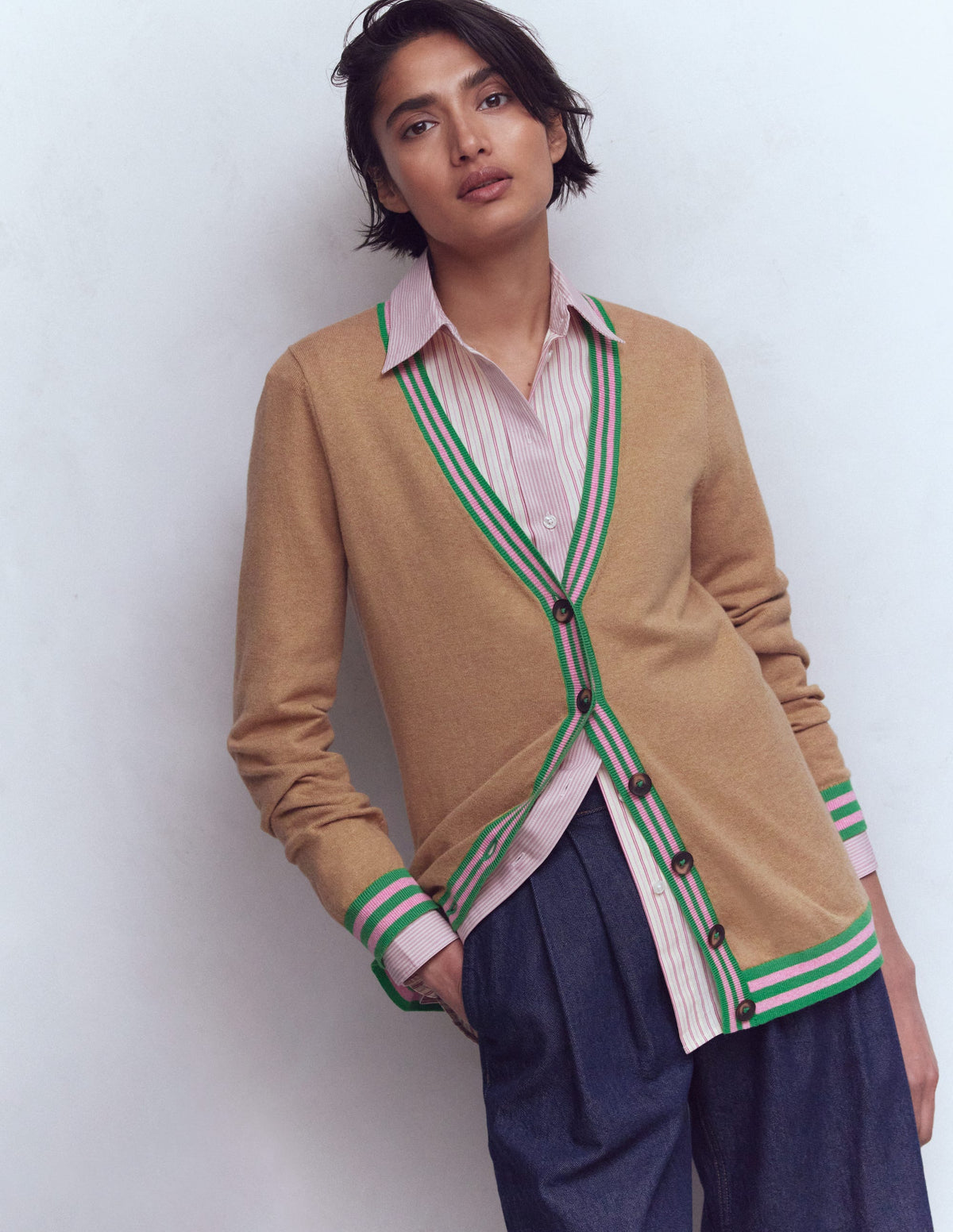 V Neck Longline Cardigan-Camel Melange - Image 6