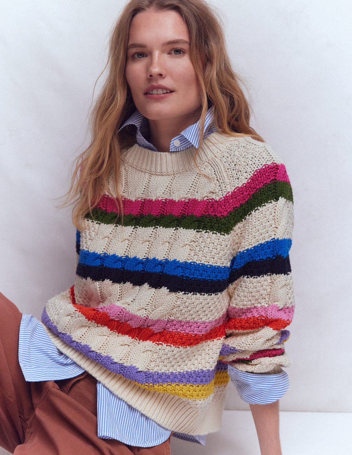 Baumwollpullover mit Zopfmuster-Warmes Naturweiß, Regenbogen-1
