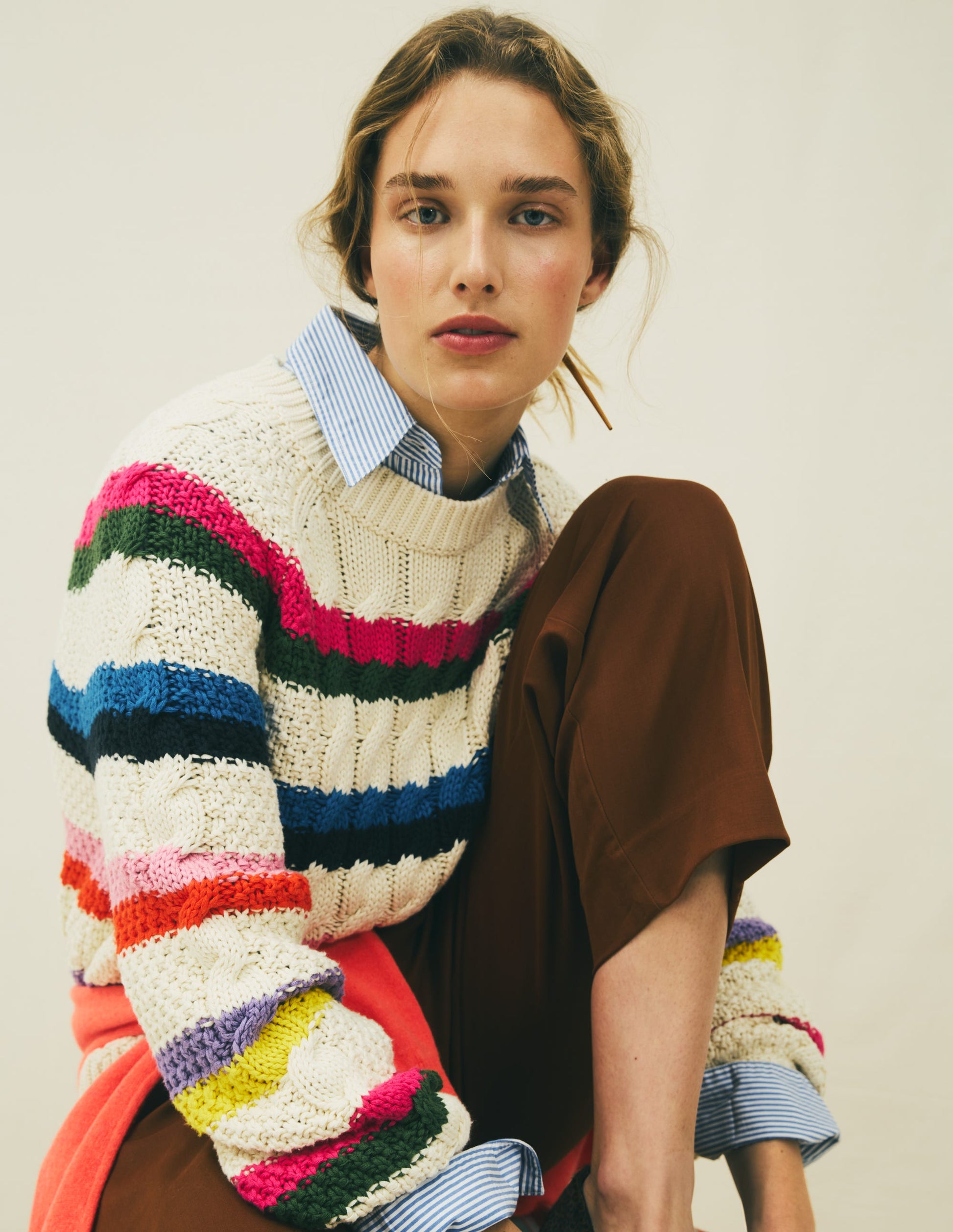 Baumwollpullover mit Zopfmuster-Warmes Naturweiß, Regenbogen-5