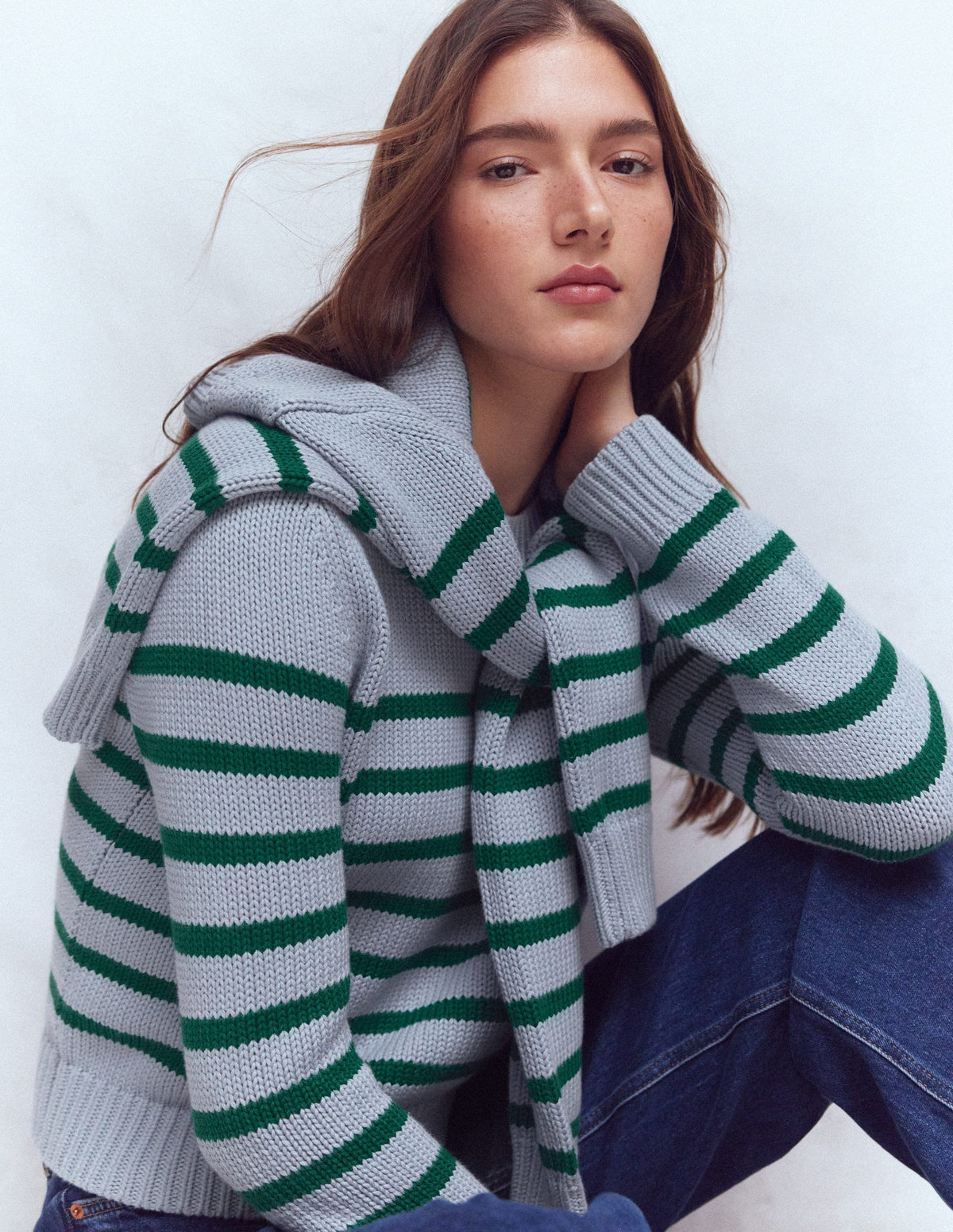 Lucy Grob gestrickter Baumwollpullover-Blau/Grün - Image 1