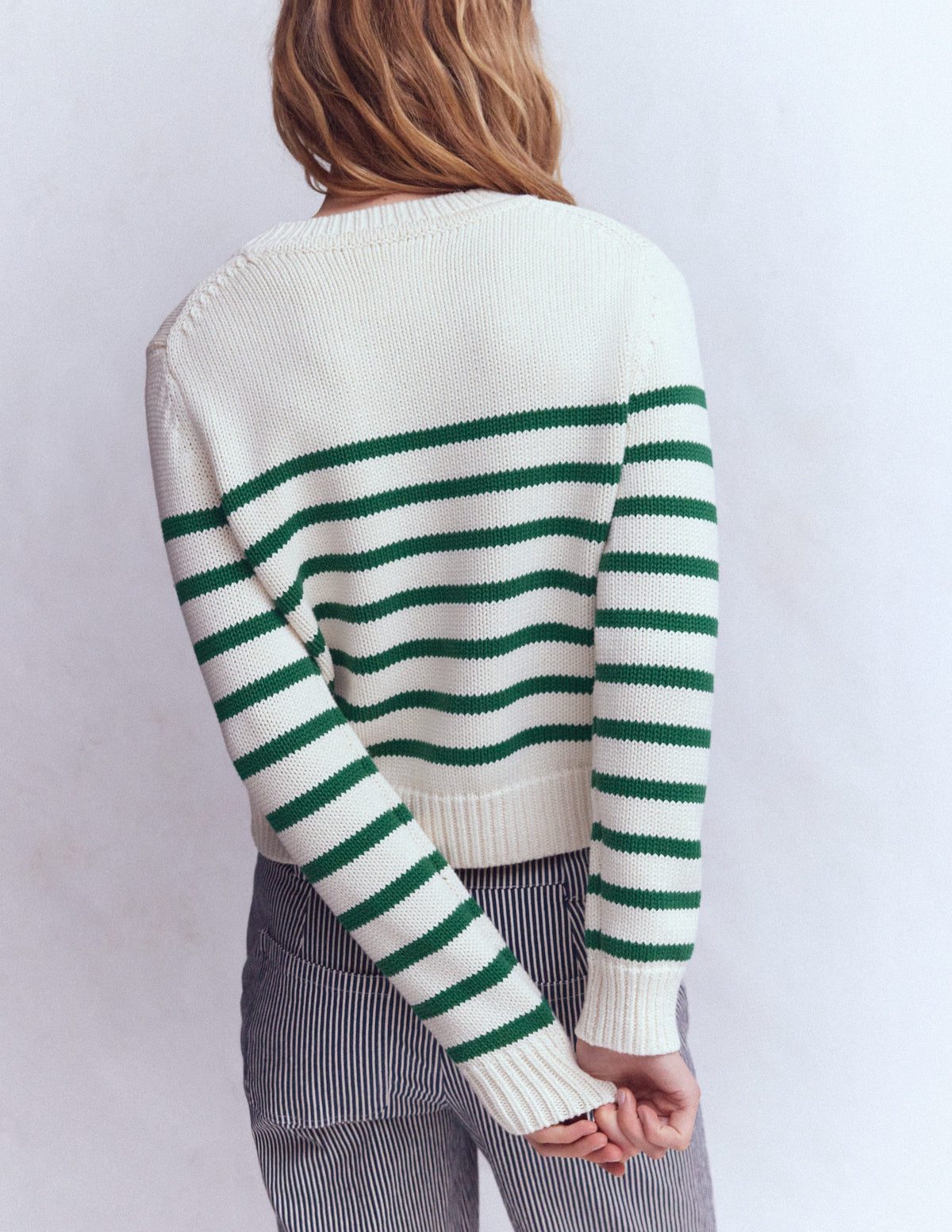Lucy Chunky Cotton Jumper-Ivory and Jewel Green Stripe-3