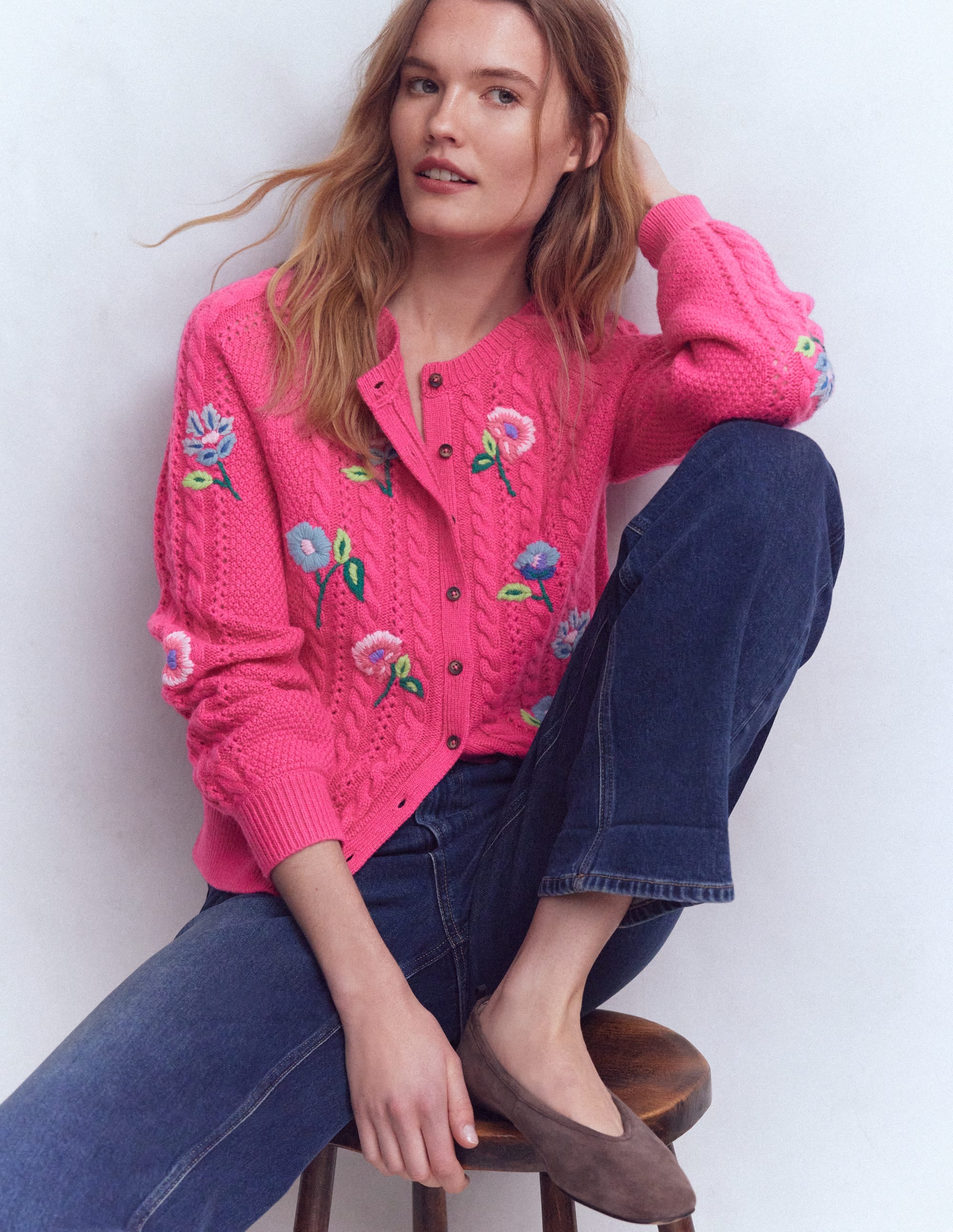 Liv Bestickte Strickjacke mit Zopfmuster-Rosarot - Image 1
