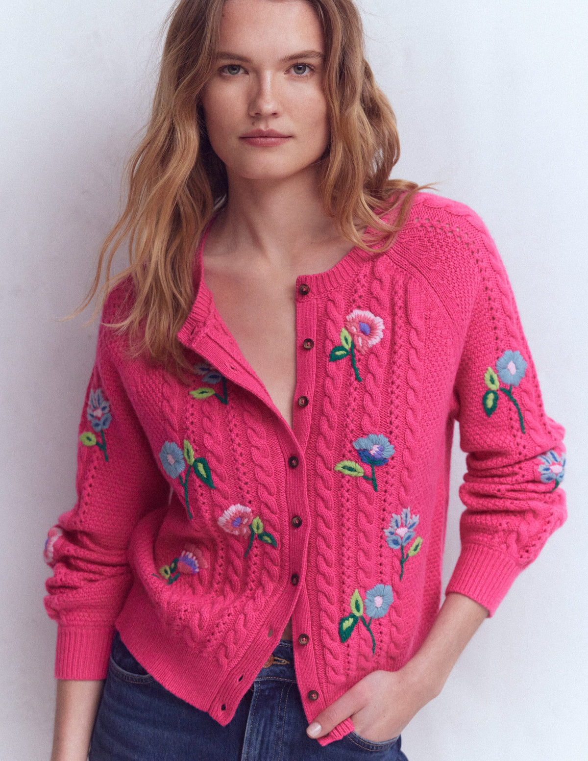 Liv Bestickte Strickjacke mit Zopfmuster-Rosarot-4