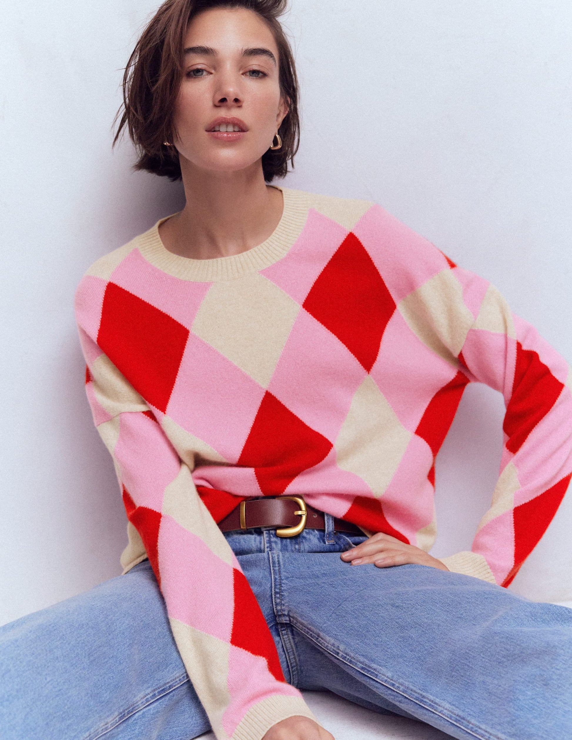 Anastasia Kaschmirpullover-Rot und Rosa Argyle-1
