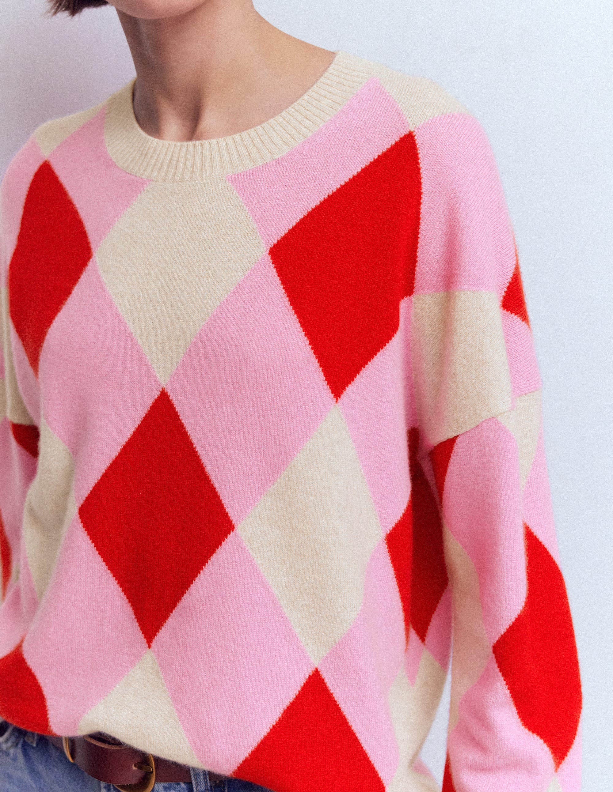 Anastasia Kaschmirpullover-Rot und Rosa Argyle - Image 2