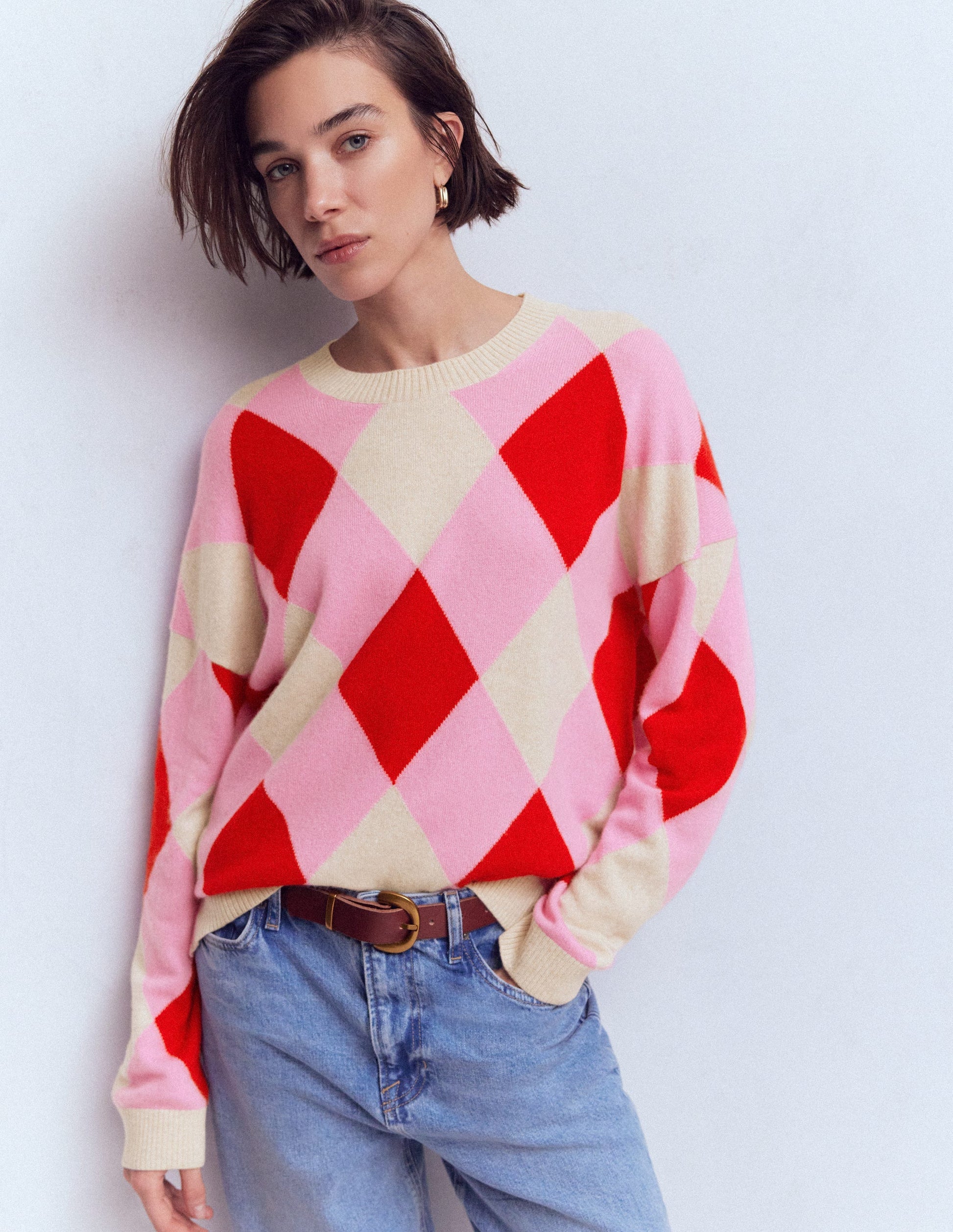 Anastasia Kaschmirpullover-Rot und Rosa Argyle-4