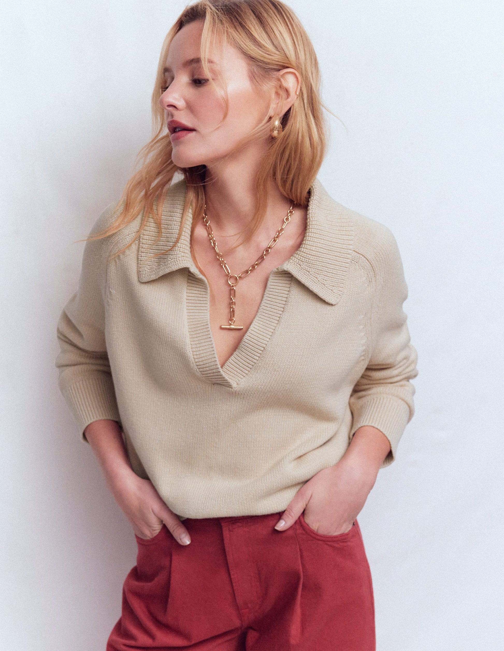 Henley-Pullover aus Baumwolle-Mandel Pfirsich-5