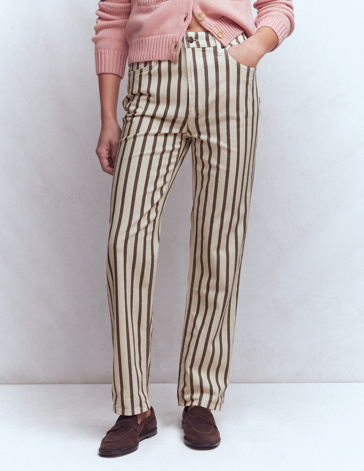 Jean droit à taille haute-Rayé écru marron-4