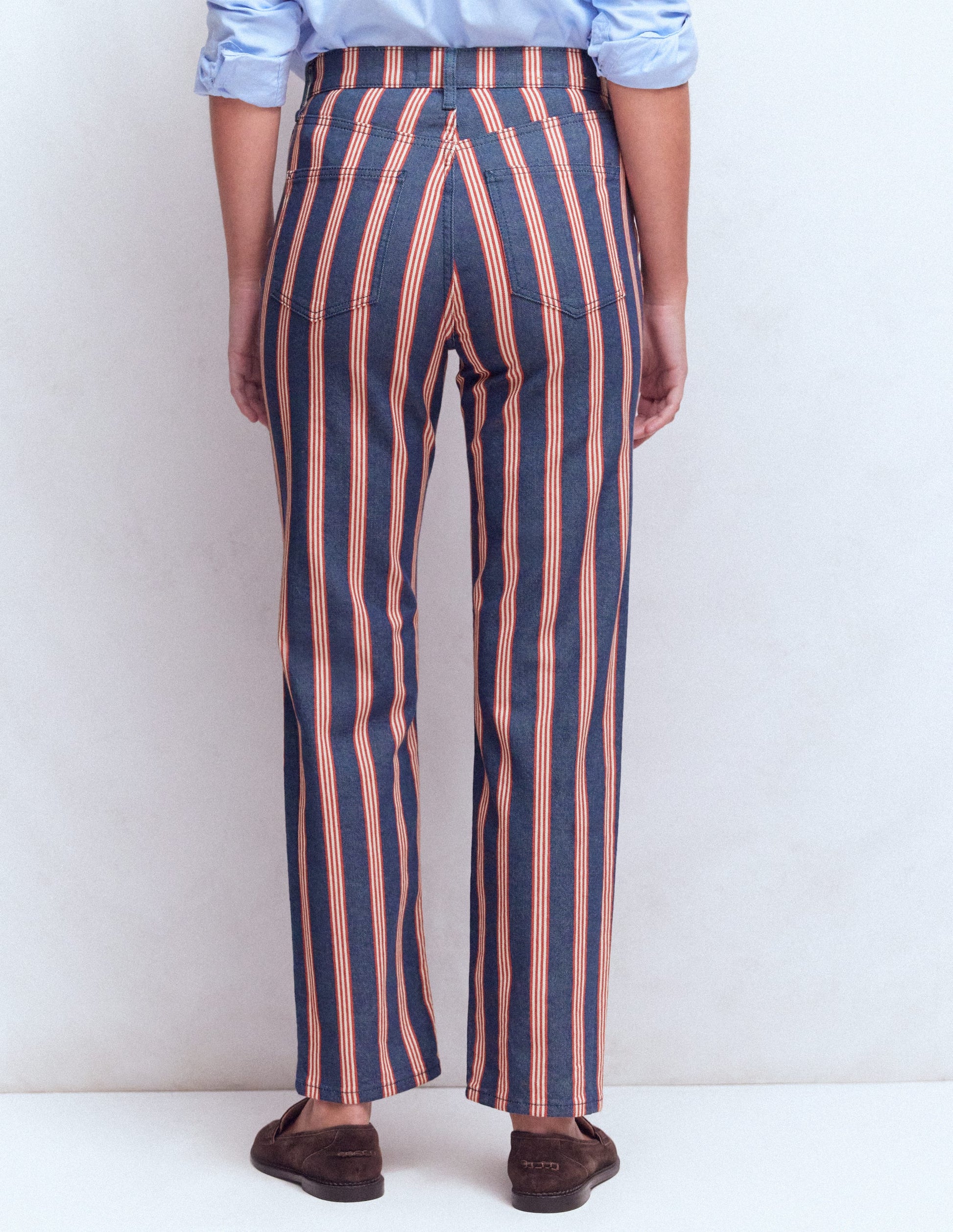 Jean droit à taille haute-Rayé bleu marine & rouge-3