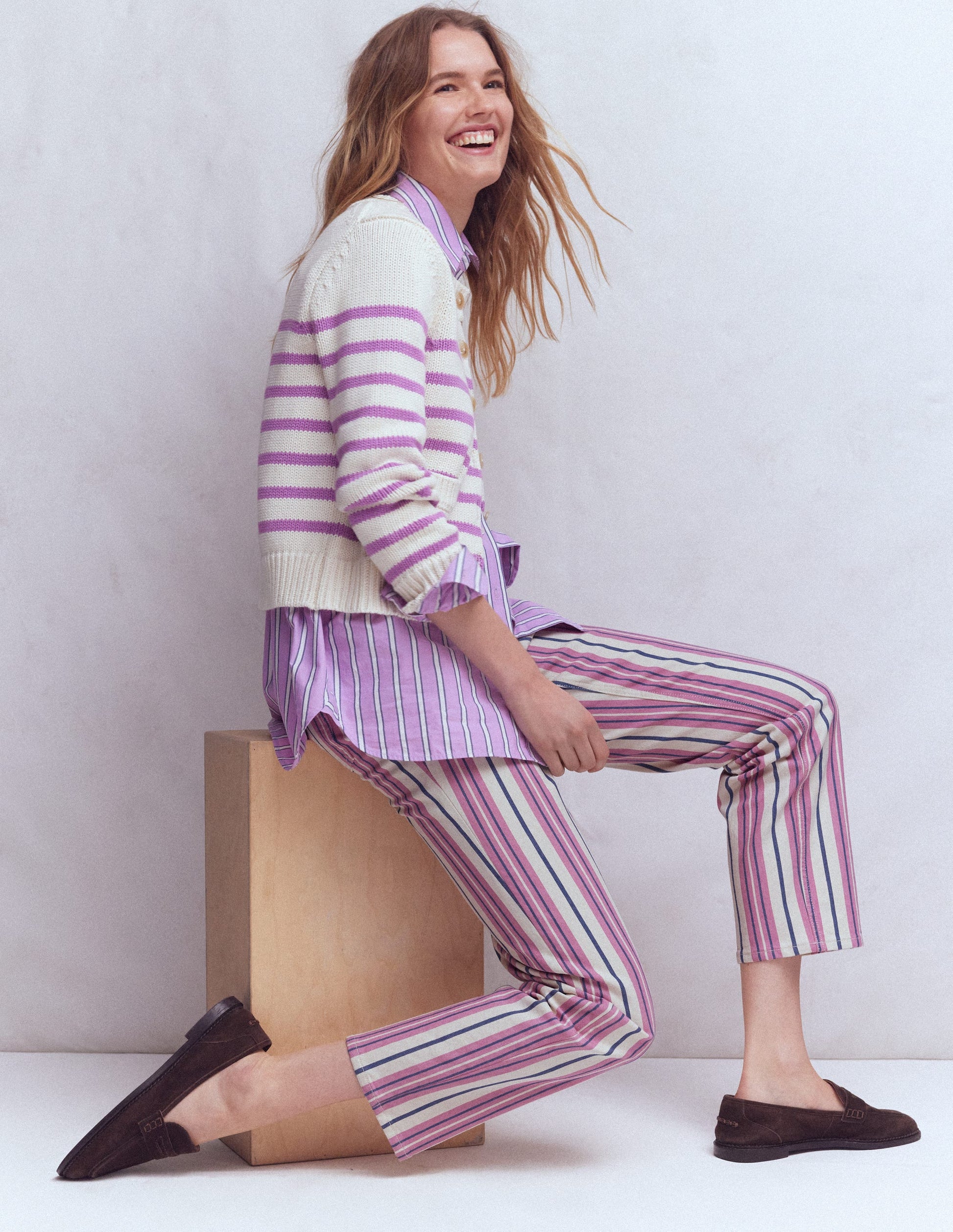 Jeans mit hohem Bund und geradem Bein-Rosa, Blau & Naturweiß Streifen-1