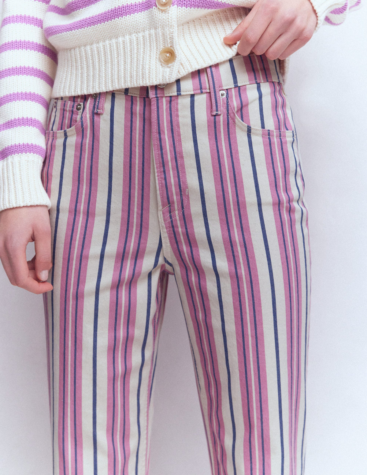 Jeans mit hohem Bund und geradem Bein-Rosa, Blau & Naturweiß Streifen - Image 2