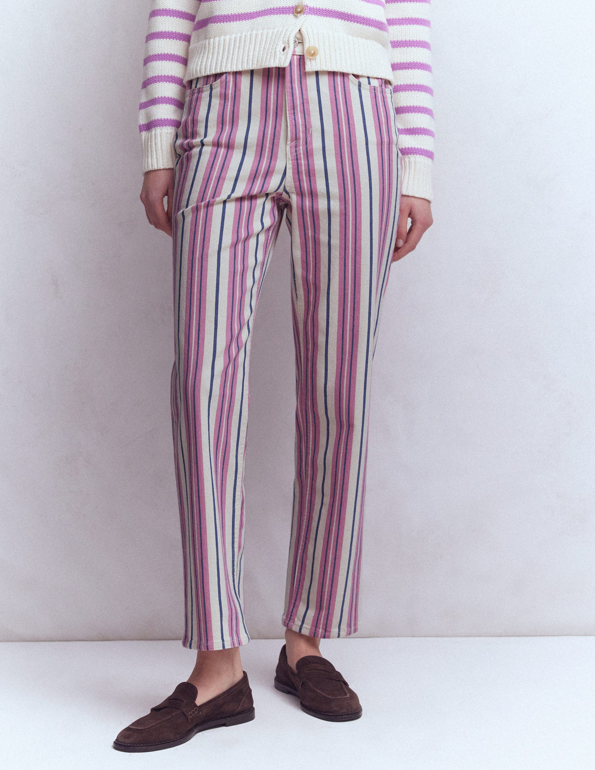 Jeans mit hohem Bund und geradem Bein-Rosa, Blau & Naturweiß Streifen-4