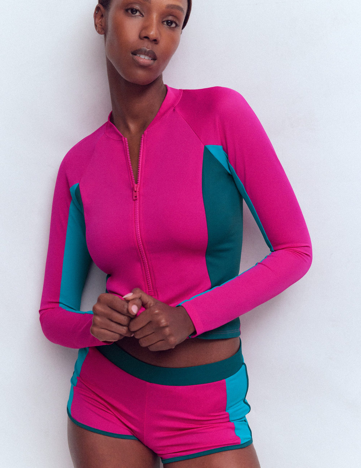 Long Sleeve Rash Guard Top-Pink Colourblock-1