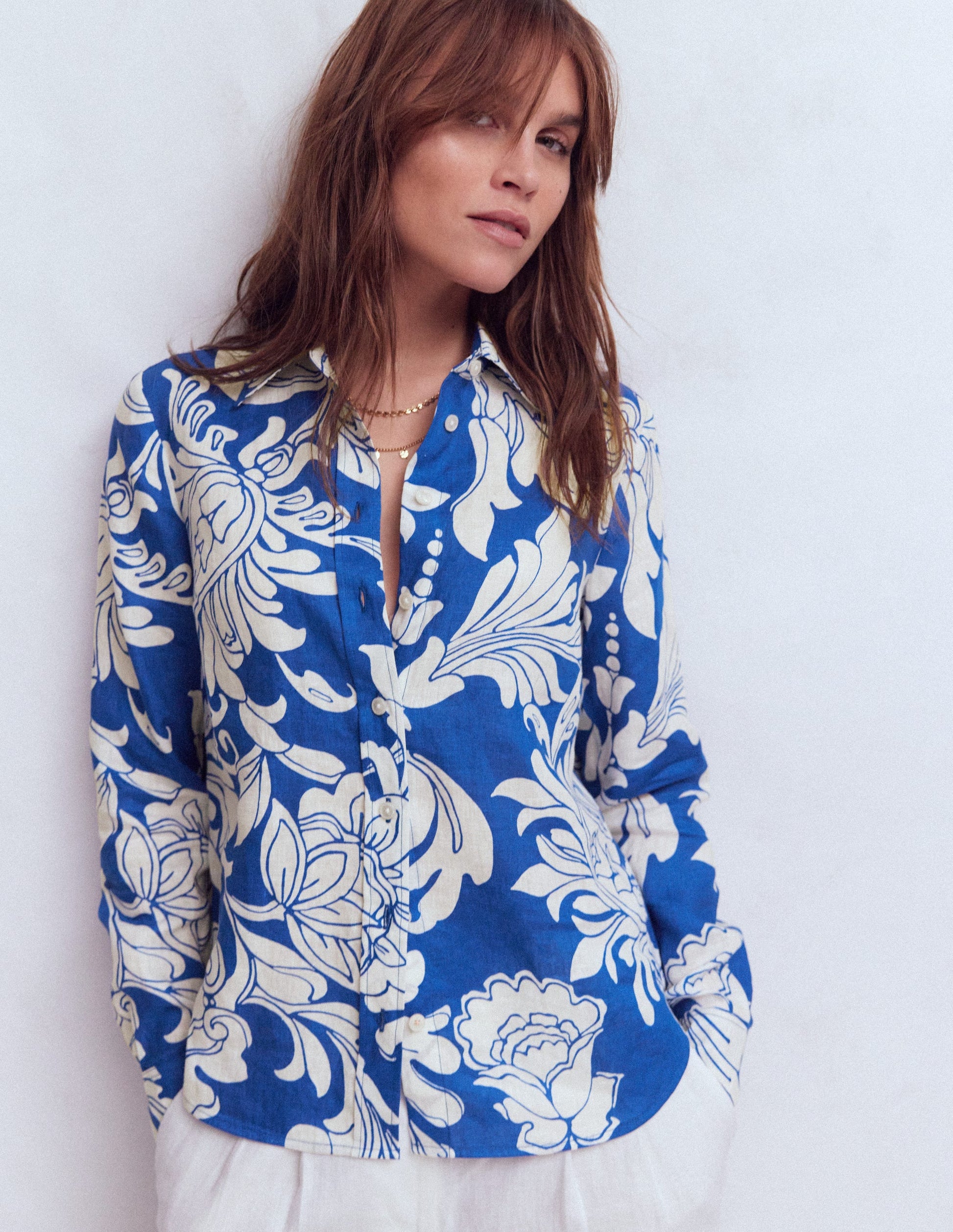 Sienna Leinenhemd-Blau, Botanisches Muster-4