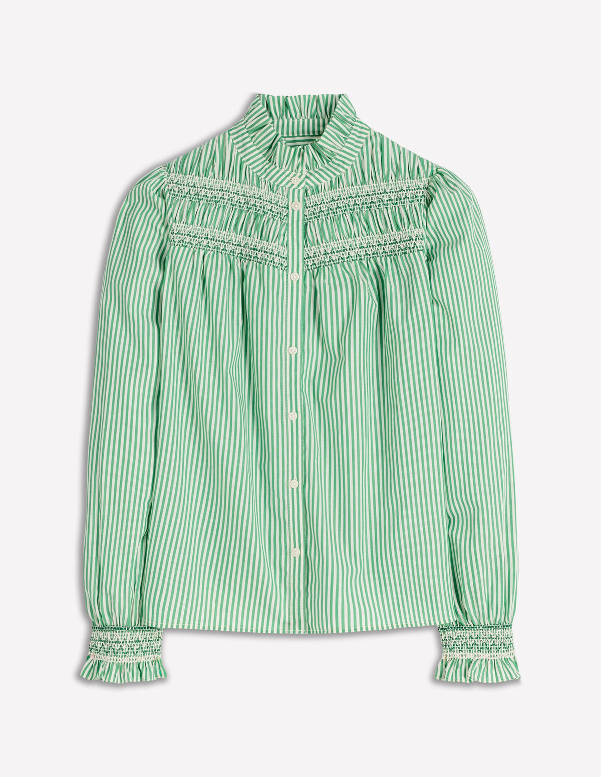 Esme Smocked Detail Frill Top-Highland Green, Ivory Stripe - Image 6