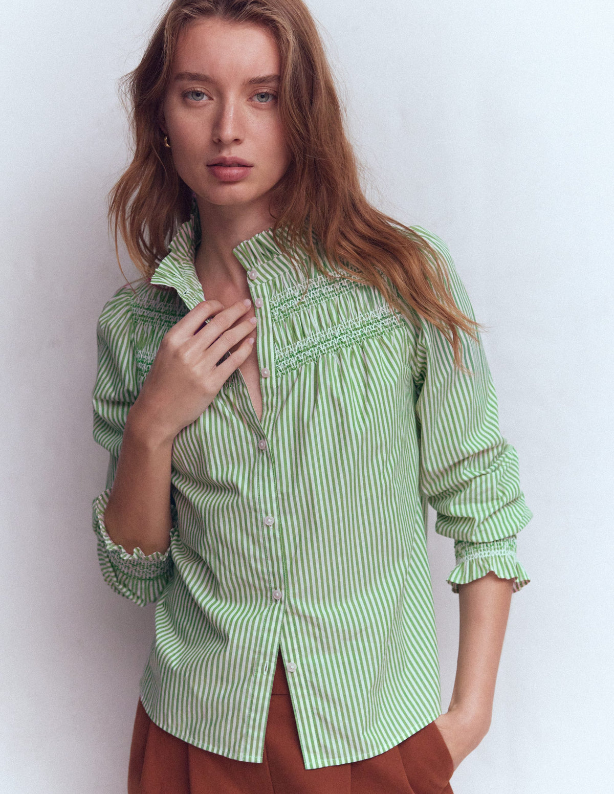 Esme Smocked Detail Frill Top-Highland Green, Ivory Stripe-4