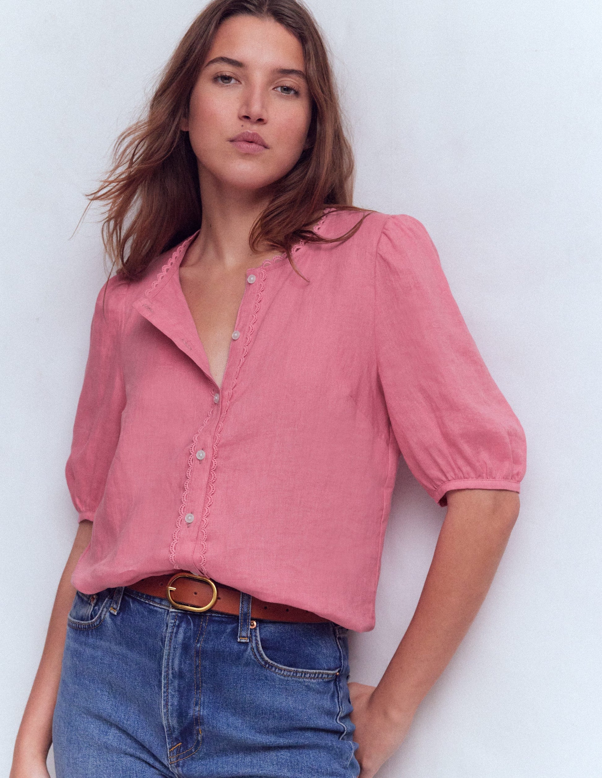 Leah Kurzärmeliges Leinenoberteil-Rosa Parfait-1
