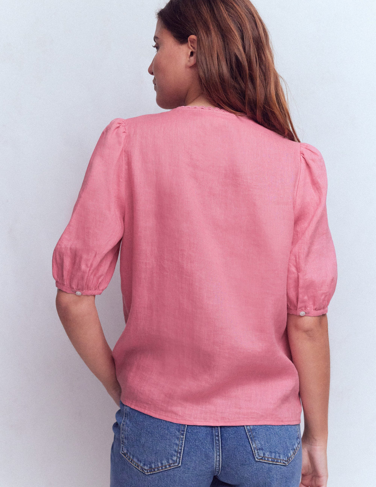 Leah Kurzärmeliges Leinenoberteil-Rosa Parfait - Image 3