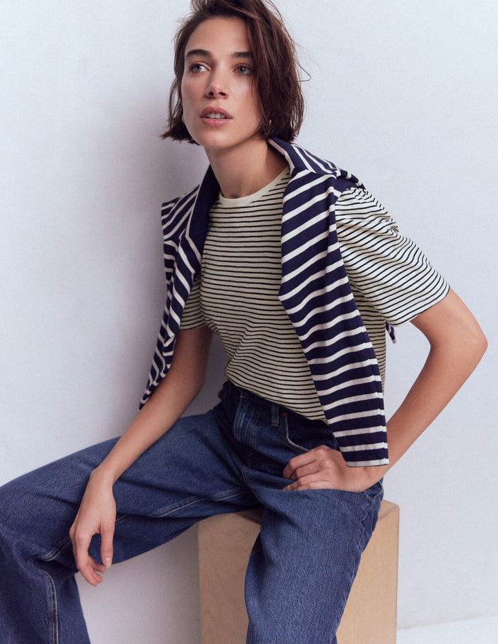 Sophie T-Shirt mit Puffärmeln-Marineblau und Naturweiß Gestreift