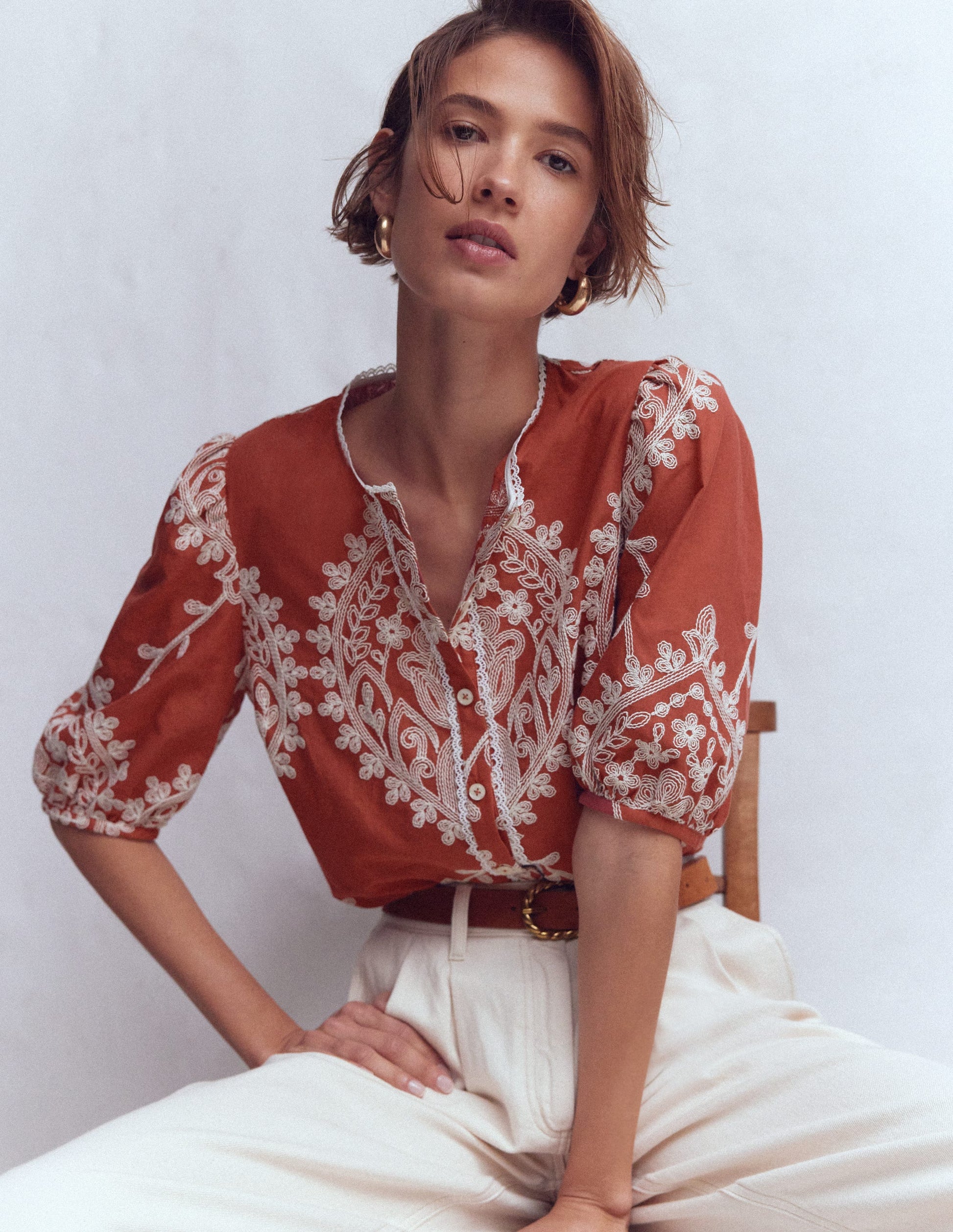 Leah Short Sleeve Interest Top-Red Floral Embroidery-1