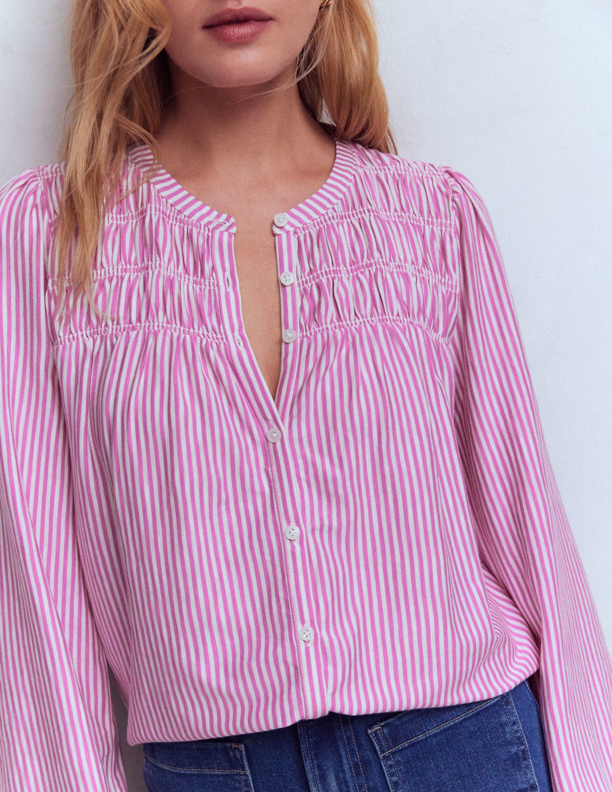 Mya Gesmoktes Jerseyhemd-Rotklee-Rosa und Naturweiß Streifen-2