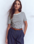Olivia Kurzärmliges Bretonshirt-Naturweiß, Marineblau
