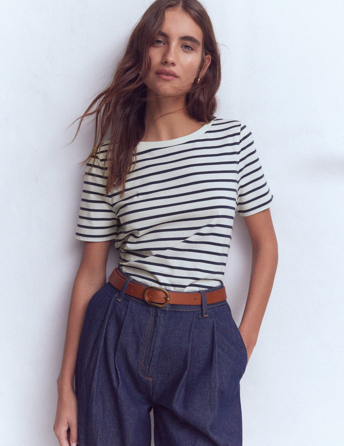 Olivia Kurzärmliges Bretonshirt-Naturweiß, Marineblau - Image 1