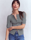 Evie Geripptes Oberteil mit Puffärmeln-Naturweiß/Navy, Gestreift