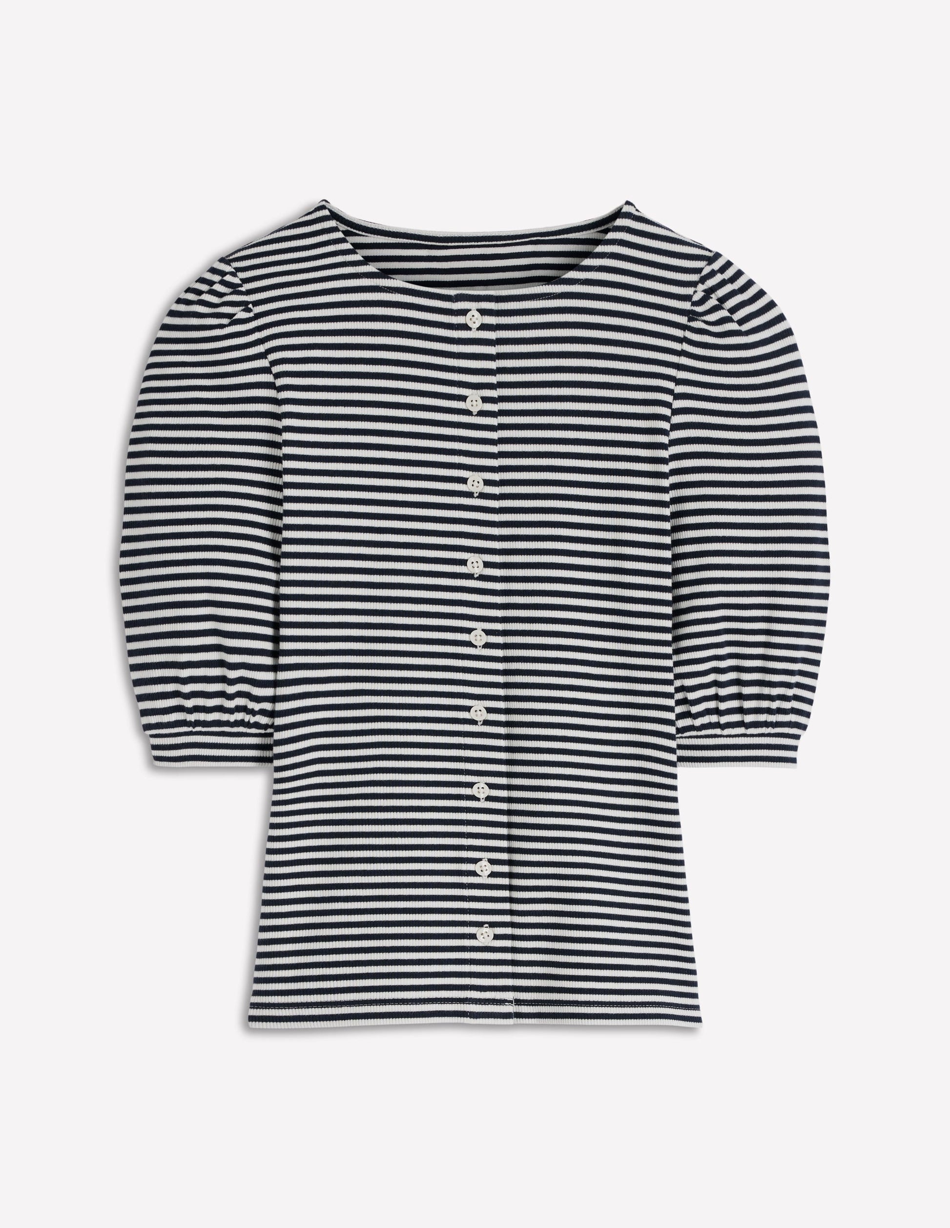 Evie Geripptes Oberteil mit Puffärmeln-Naturweiß/Navy, Gestreift-4