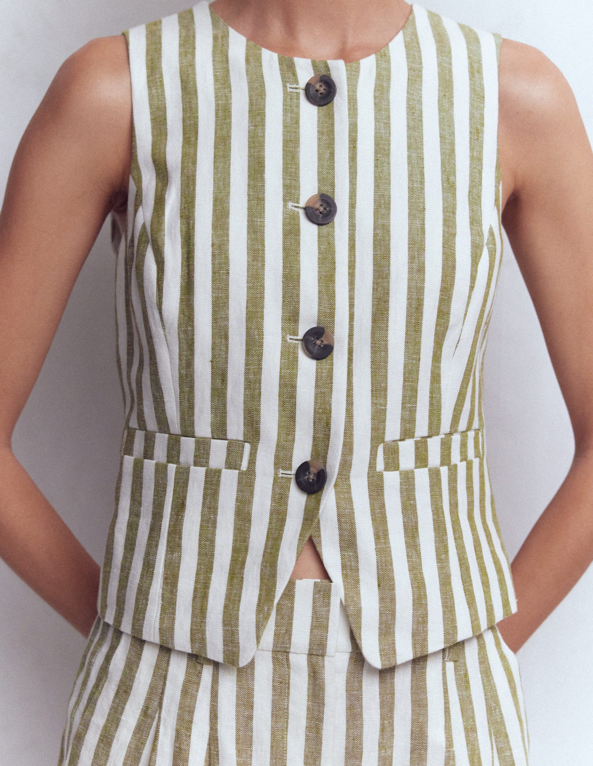 Gilet de tailleur en lin-Rayé olive, ivoire-3