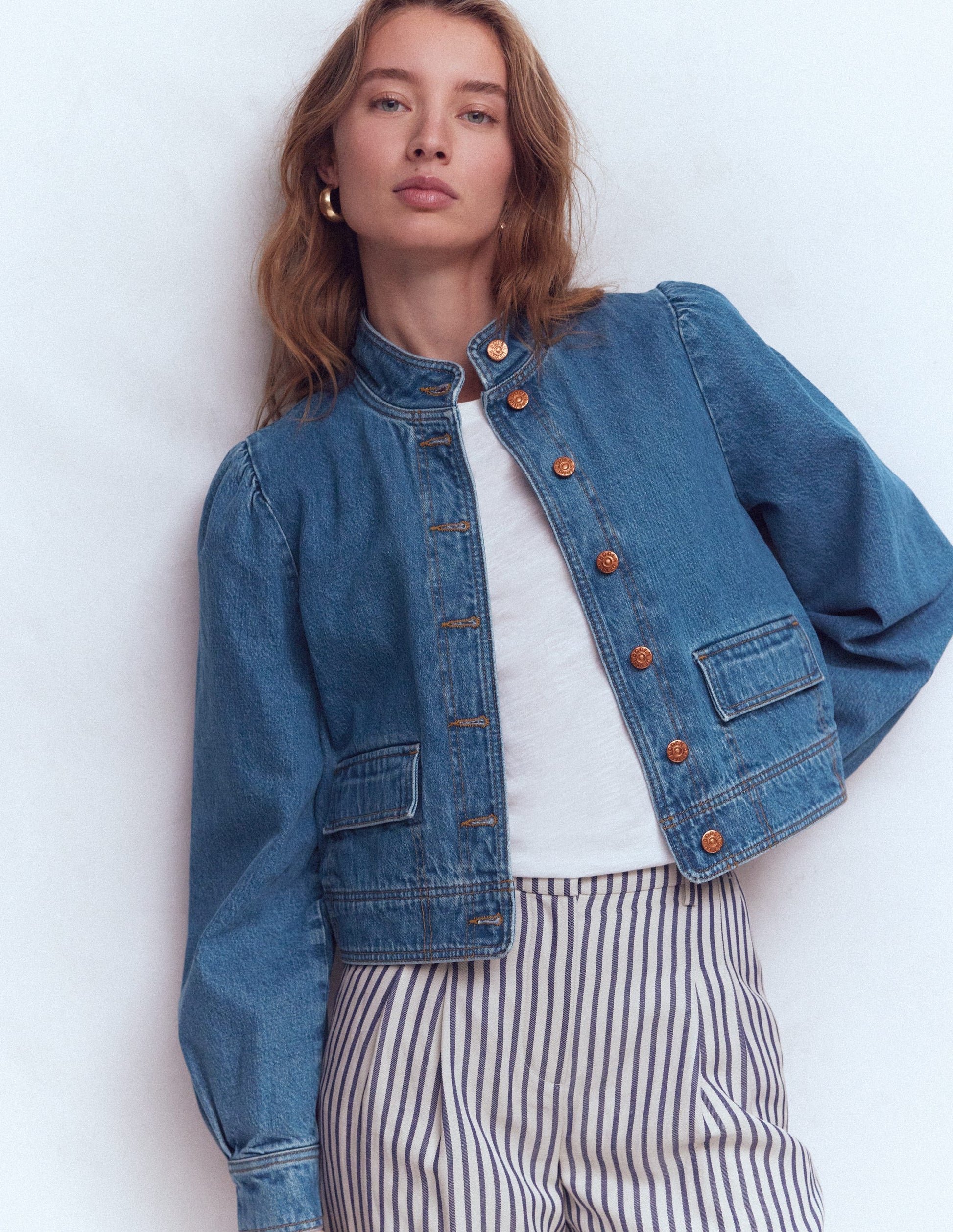 Jeansjacke mit Steppnaht-Mittlere Waschung, Denim-1