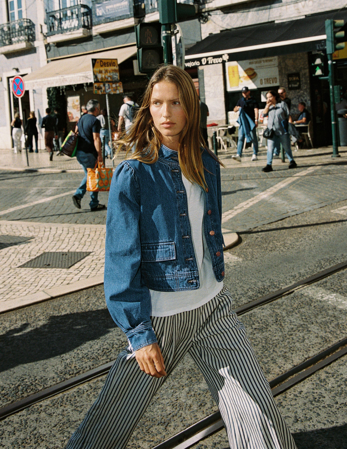 Jeansjacke mit Steppnaht-Mittlere Waschung, Denim-5