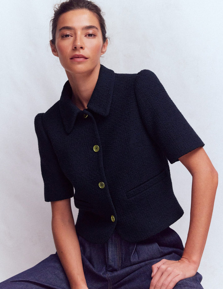 Veste texturée à manches courtes-Bleu marine