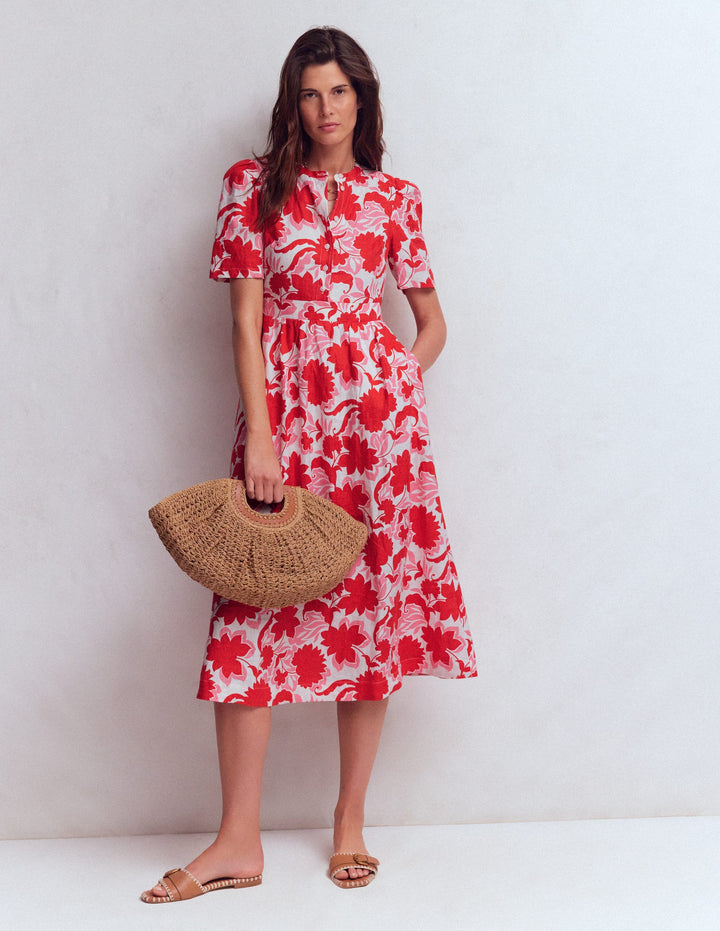Robe midi Ivy boutonnée en lin-Motif Shadow Blossom rouge