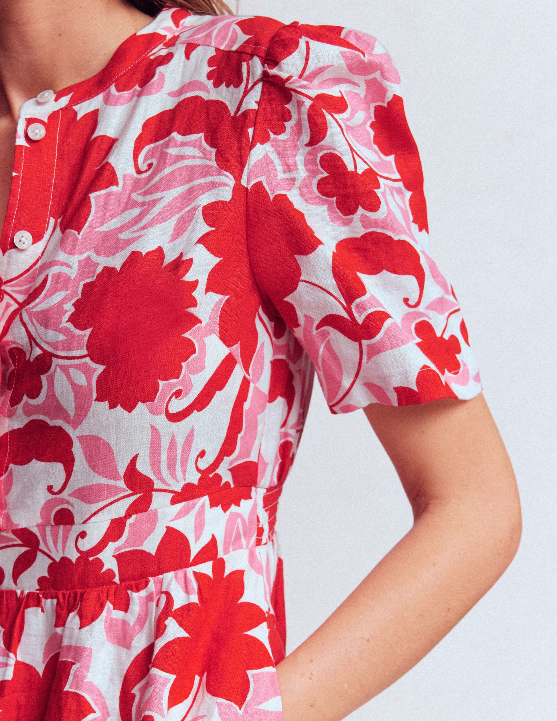 Ivy Button Linen Midi Dress-Red Shadow Blossom-2