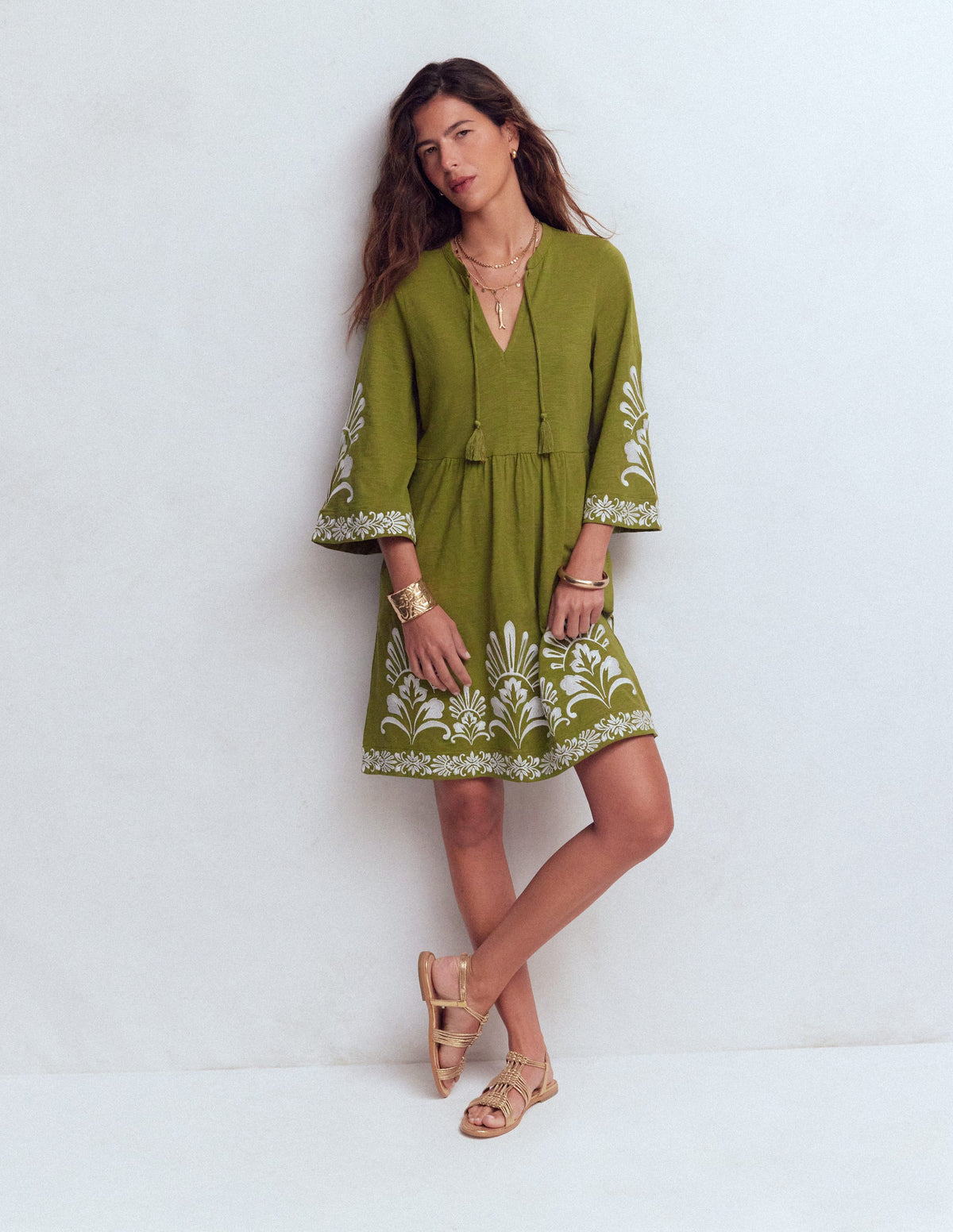 Kurzes Jersey-Kaftankleid-Khaki, Stickerei-4