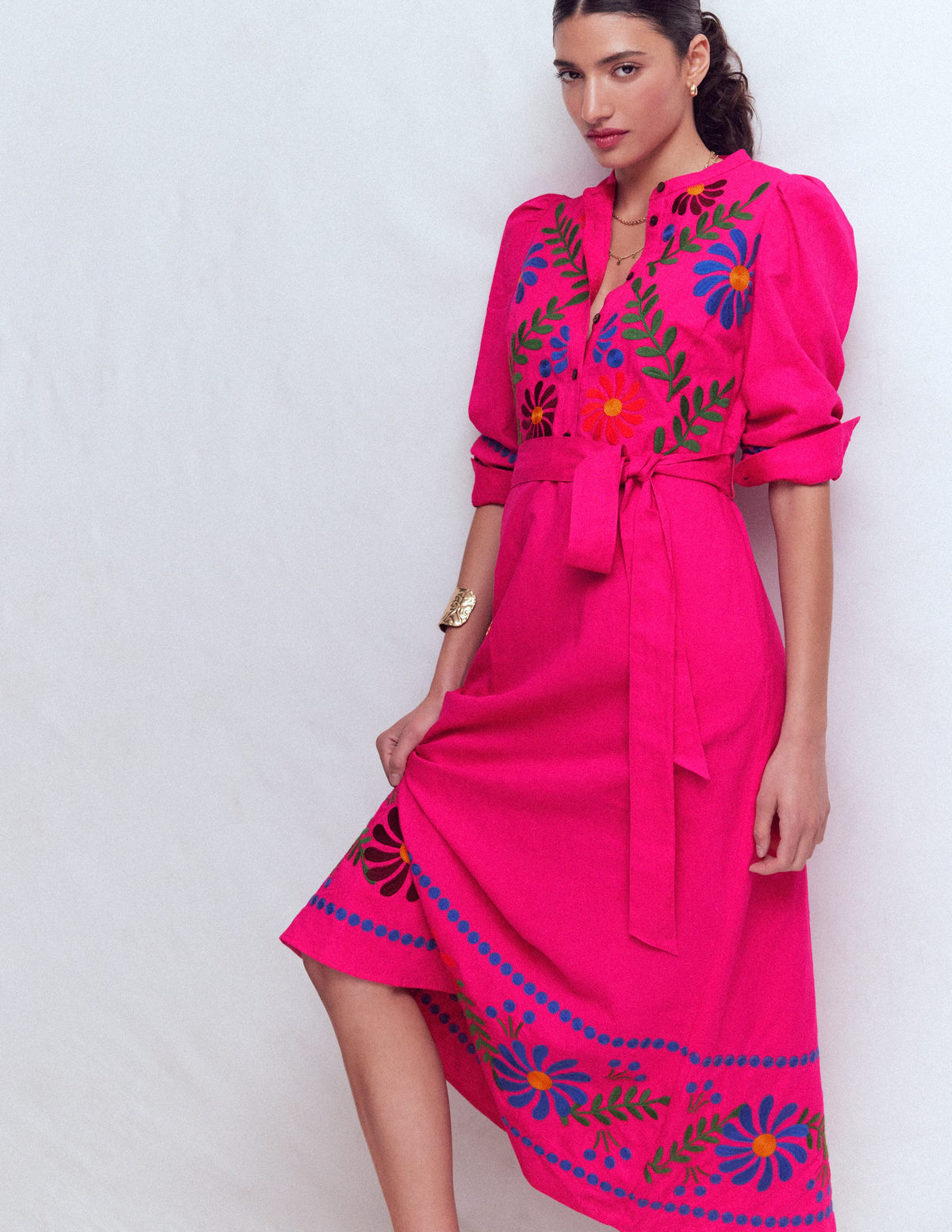 Robe midi Ava en lin mélangé-Broderie multi-1