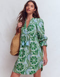 Pia Leinenkleid mit Passe und Quasten-Blau Euphorischer Garten