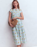 Arabella Kleid aus Leinenmischgewebe-Eiswürfel-Blau, Kaskadenartige Blüten