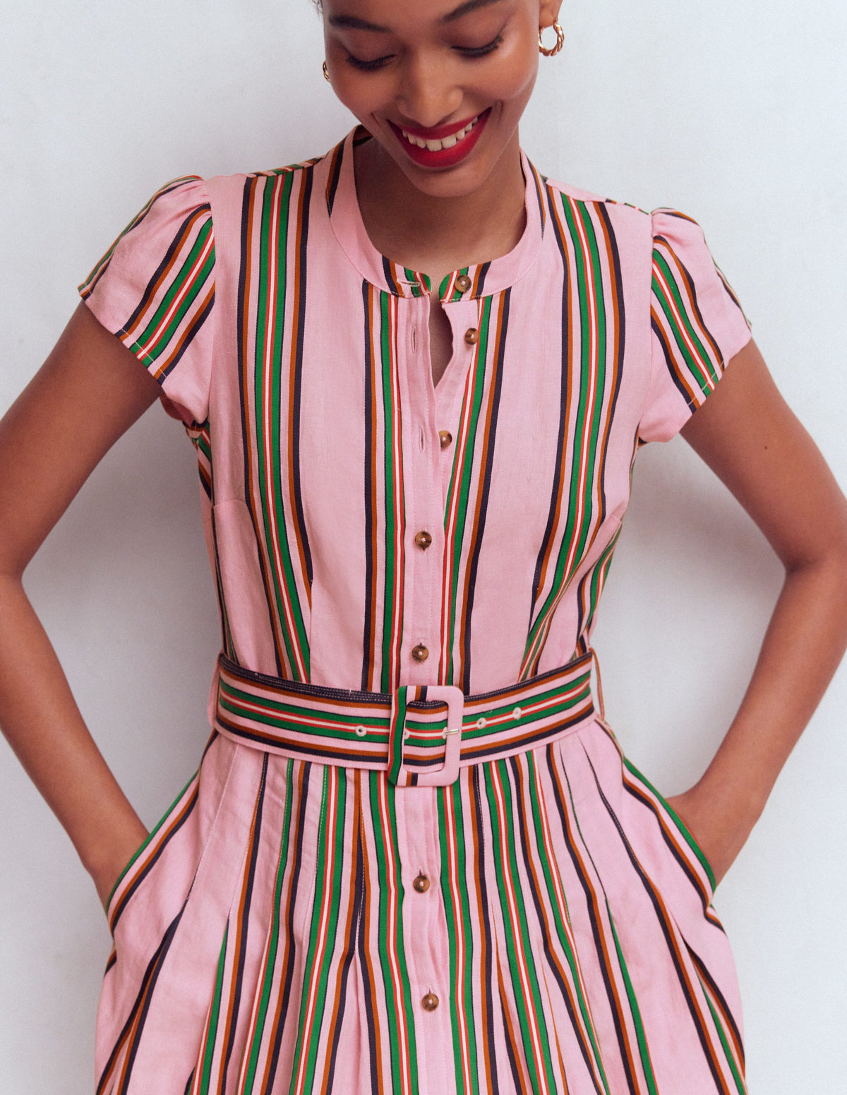 Arabella Linen Blend Dress-Pink, Rich Emerald Stripe-2