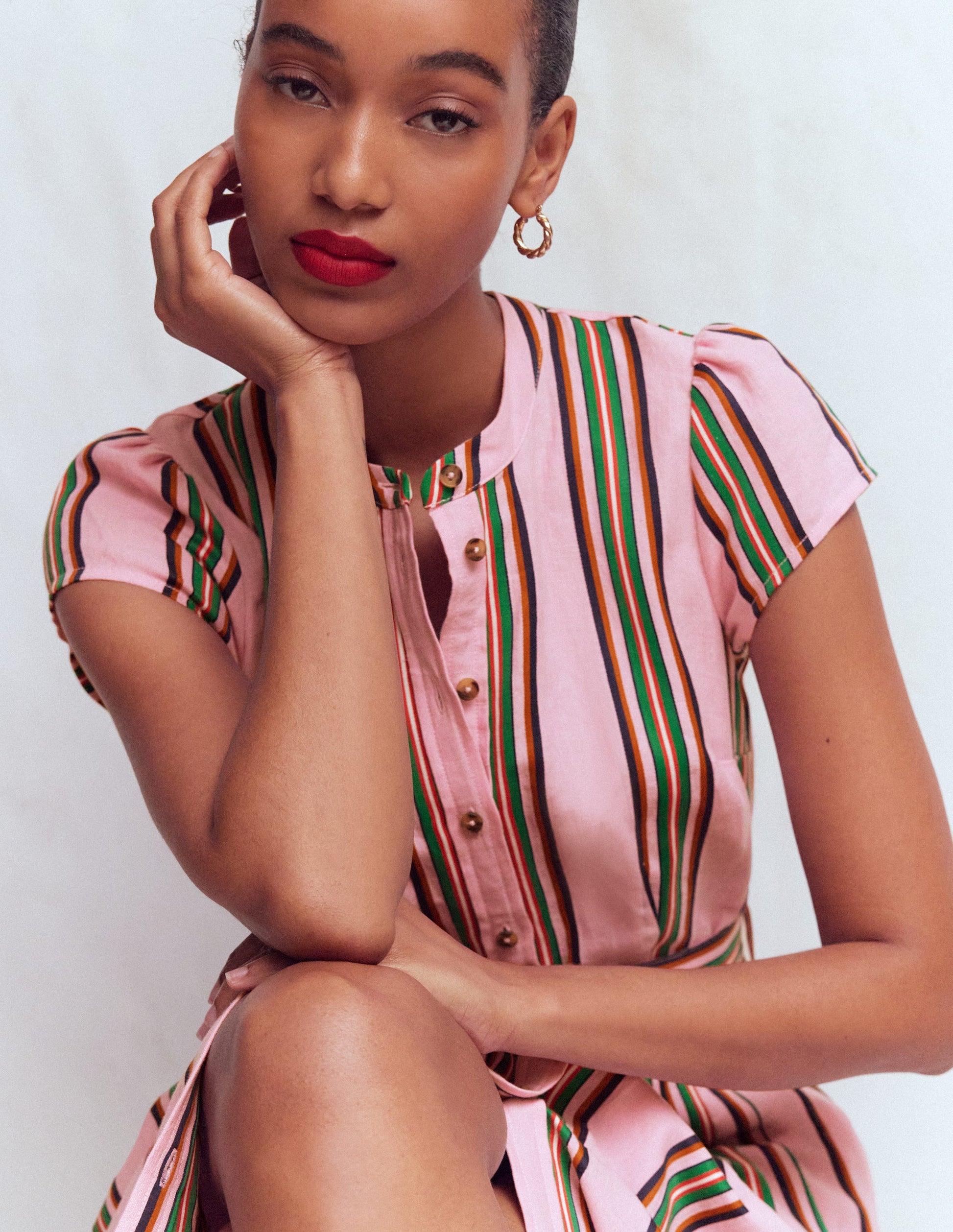 Arabella Linen Blend Dress-Pink, Rich Emerald Stripe-5