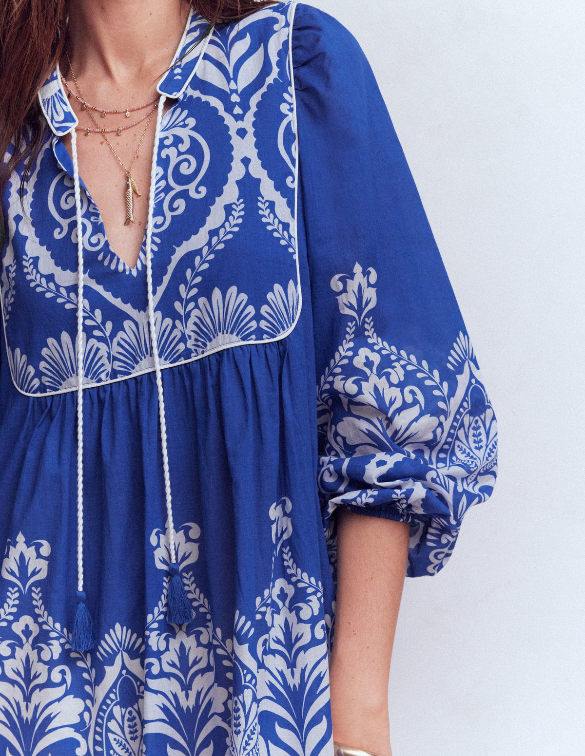 Boho-Kaftan mit Bindeband am Ausschnitt-Blau Ziergarten - Image 2