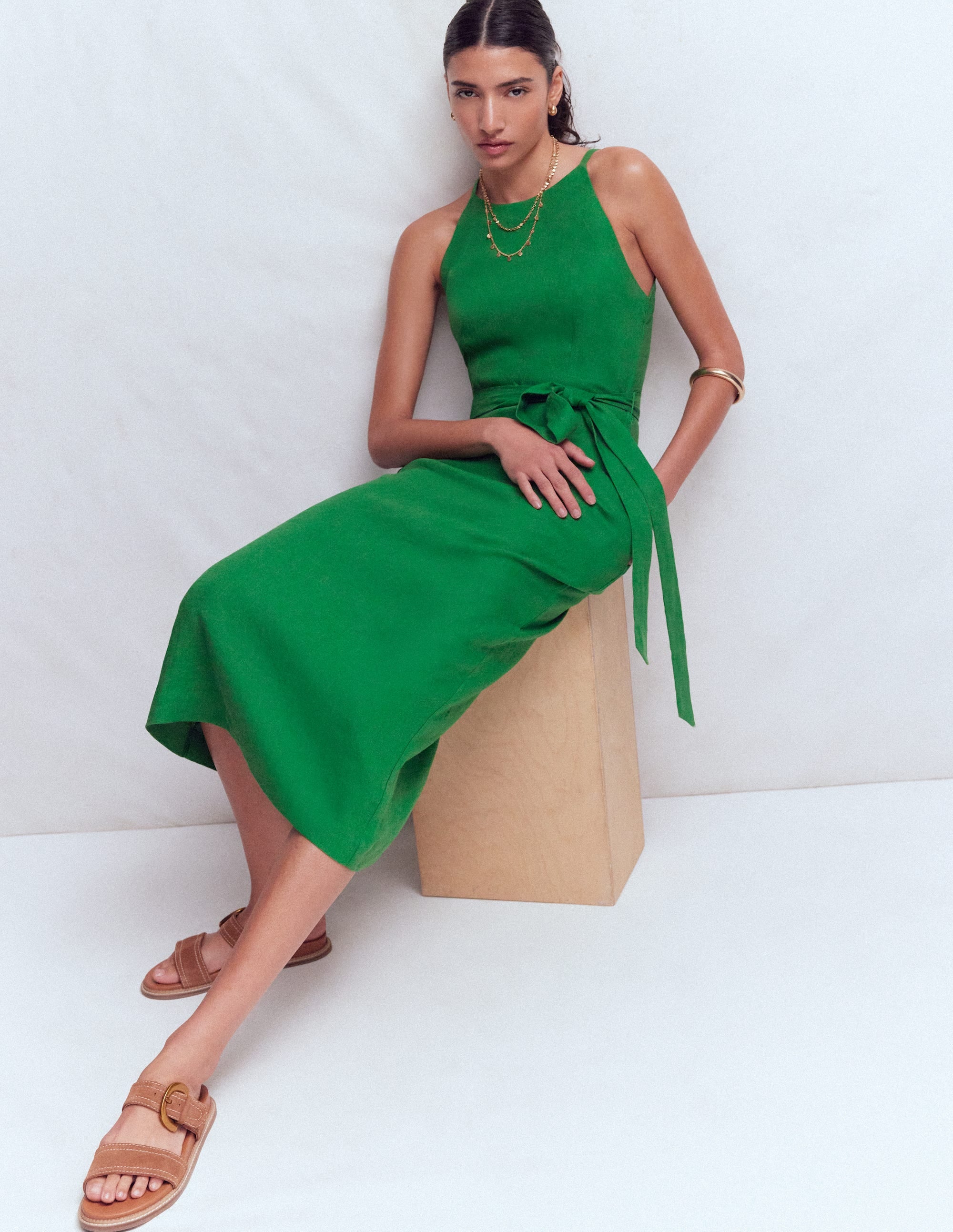Rosa Neckholder-Midikleid aus Leinen-Amazonasgrün - Image 4