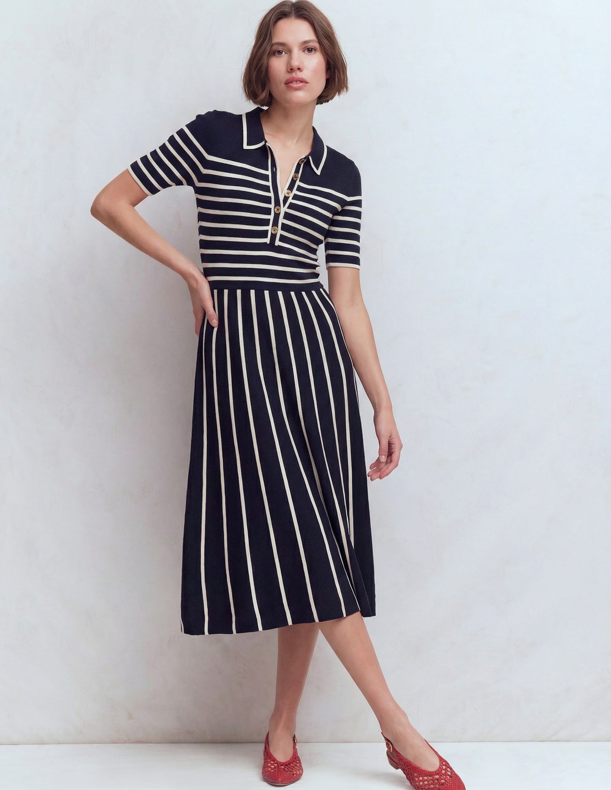 Strick-Midikleid mit Kragen-Französisches Navy/Naturweiß, Gestreift - Image 1