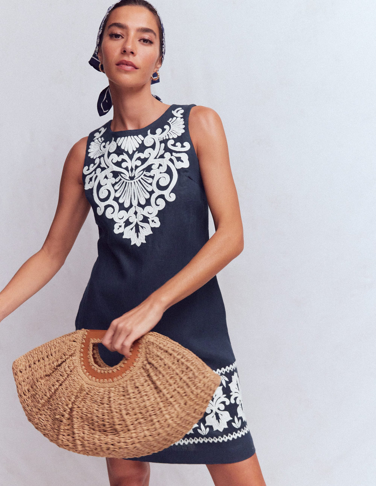 Linen Shift Dress-Navy Embrodiery - Image 1