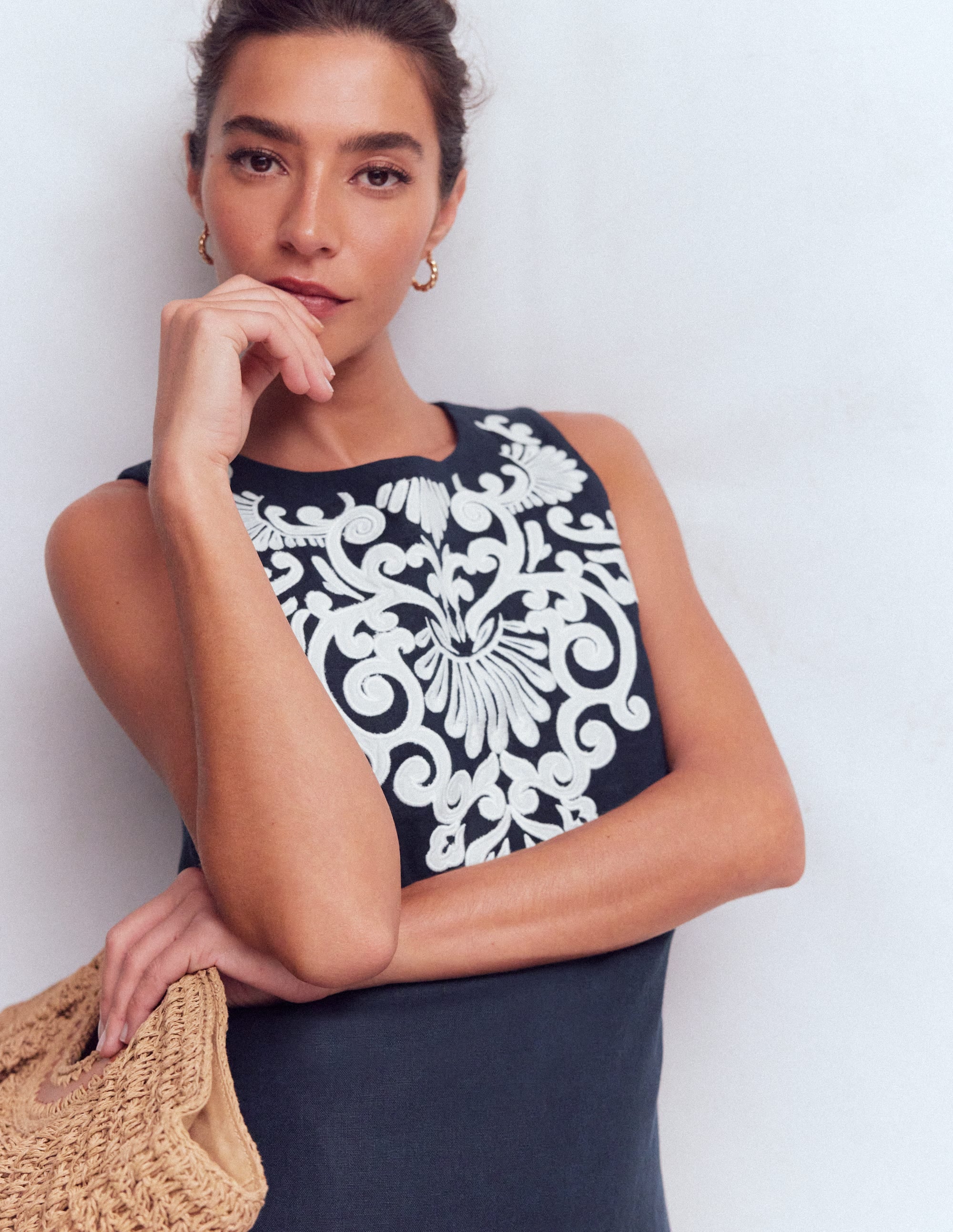 Linen Shift Dress-Navy Embrodiery - Image 4