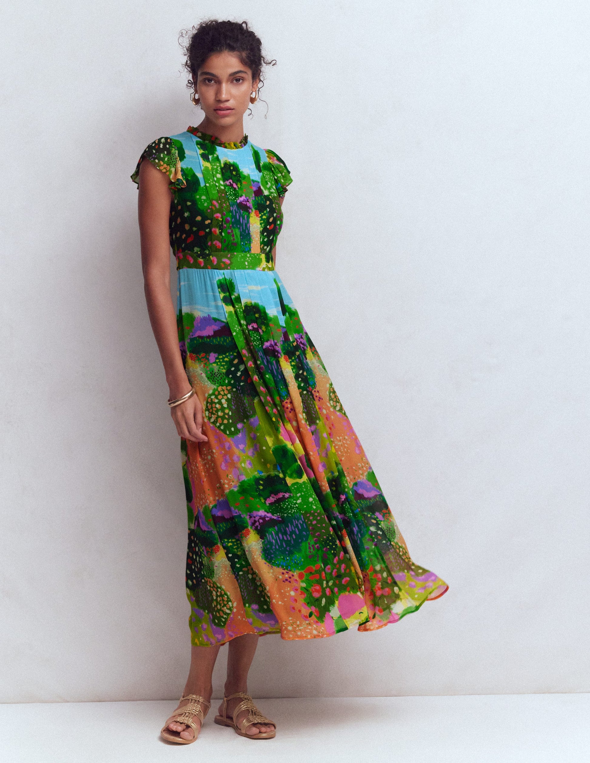 Plissiertes Maxikleid mit Rüschen-Bunt, Gartenpfad-4