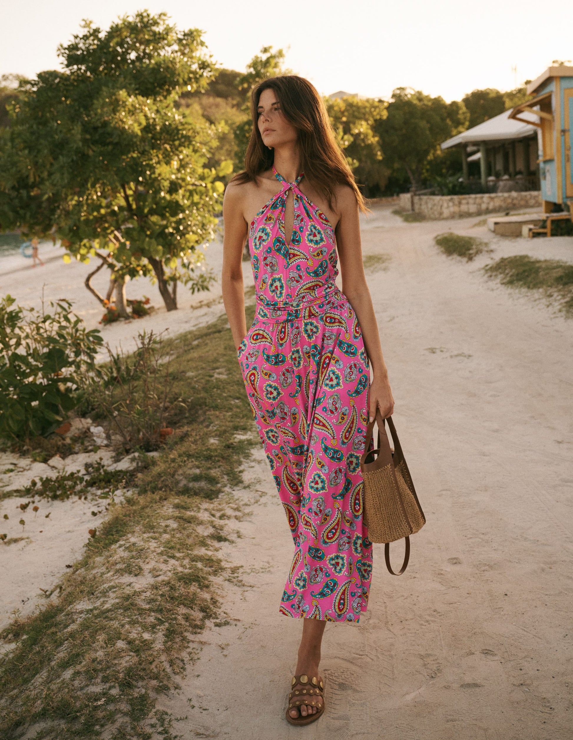 Sydney Jerseykleid mit gedrehtem Ausschnitt-Kräftiges Rosa, Strahlendes Paisleymuster-1