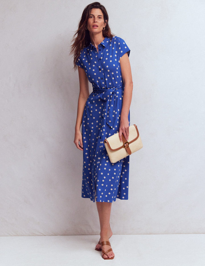 Marcia Jersey-Hemdblusenkleid-Leuchtendes Blau, Gemalte Tupfen