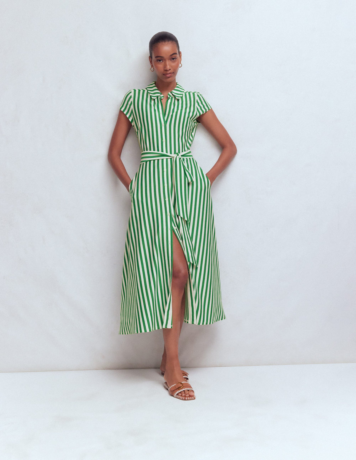 Marcia Jersey-Hemdblusenkleid-Grün und Naturweiß Streifen - Image 1